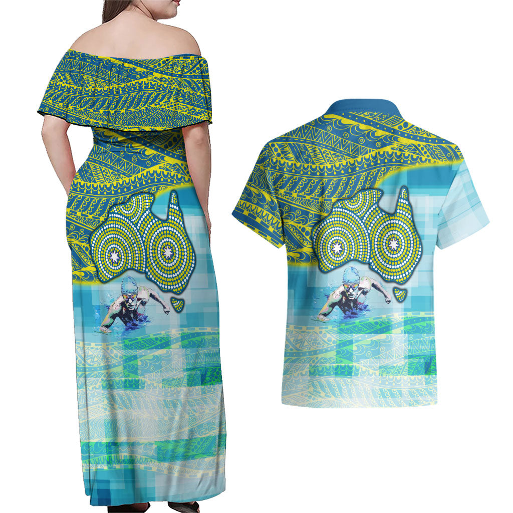 Australia Men National Water Polo Team Couples Matching Off Shoulder Maxi Dress and Hawaiian Shirt Aboriginal Dot Art Style Patriotic Aquatic Sport