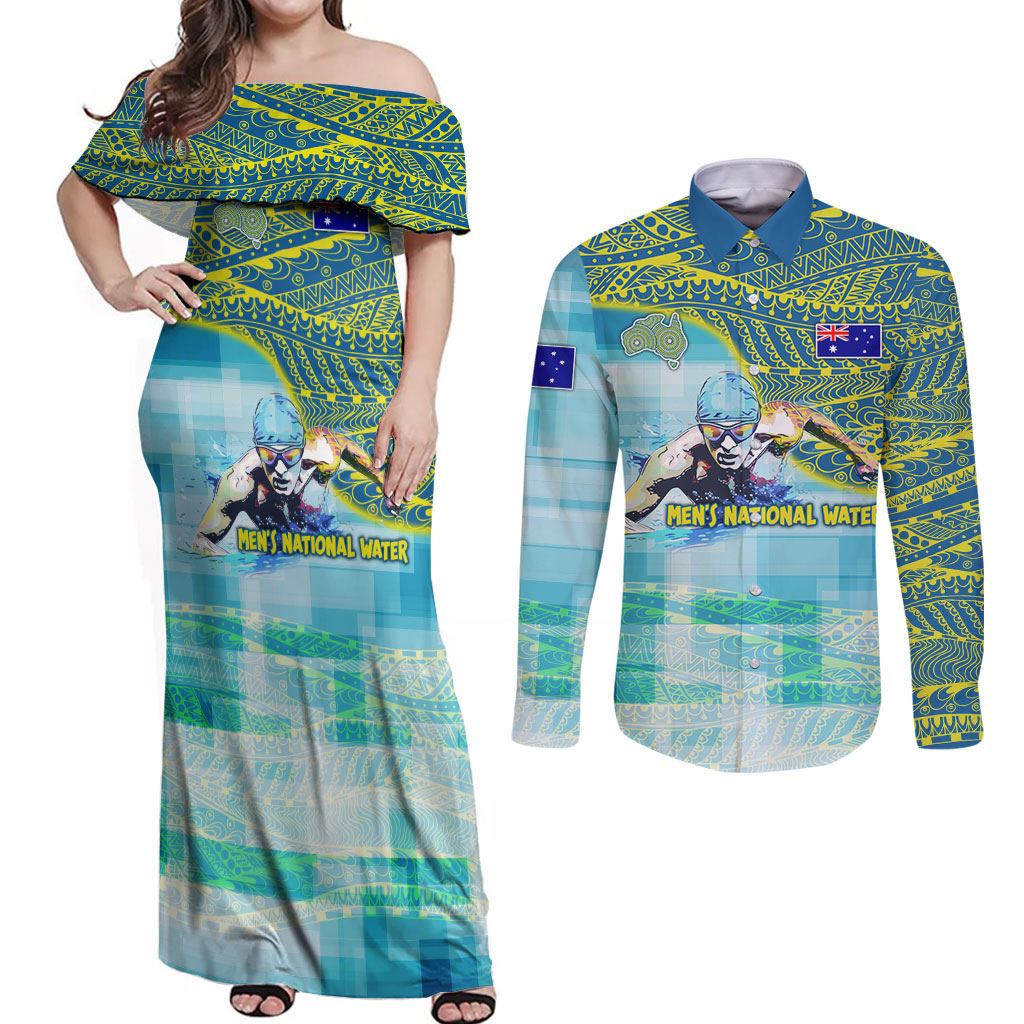Australia Men National Water Polo Team Couples Matching Off Shoulder Maxi Dress and Long Sleeve Button Shirt Aboriginal Dot Art Style Patriotic Aquatic Sport