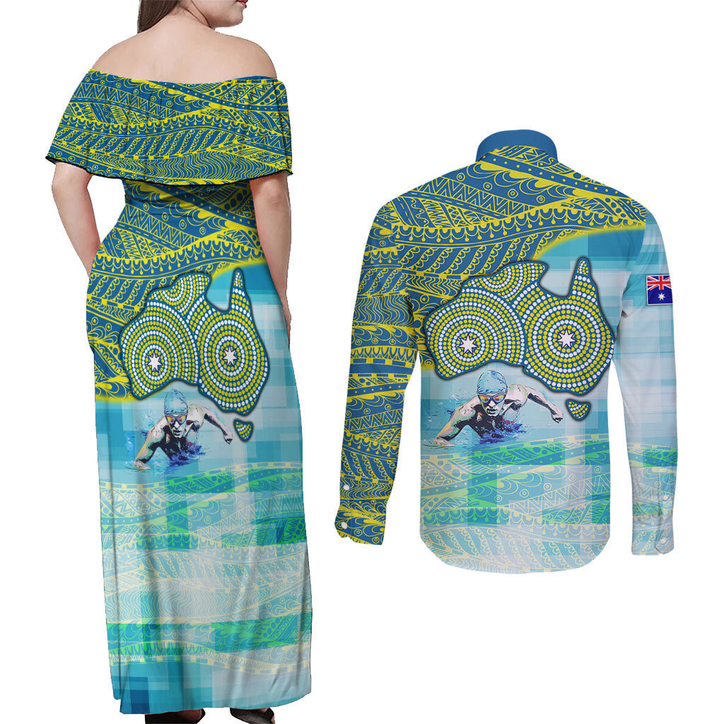 Australia Men National Water Polo Team Couples Matching Off Shoulder Maxi Dress and Long Sleeve Button Shirt Aboriginal Dot Art Style Patriotic Aquatic Sport