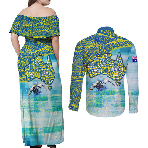 Australia Men National Water Polo Team Couples Matching Off Shoulder Maxi Dress and Long Sleeve Button Shirt Aboriginal Dot Art Style Patriotic Aquatic Sport