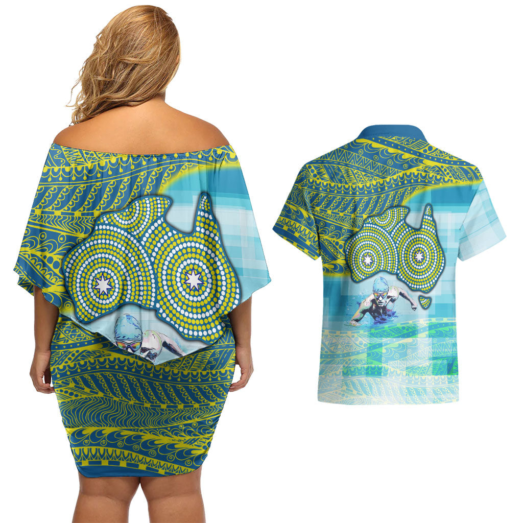 Australia Men National Water Polo Team Couples Matching Off Shoulder Short Dress and Hawaiian Shirt Aboriginal Dot Art Style Patriotic Aquatic Sport