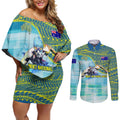 Australia Men National Water Polo Team Couples Matching Off Shoulder Short Dress and Long Sleeve Button Shirt Aboriginal Dot Art Style Patriotic Aquatic Sport