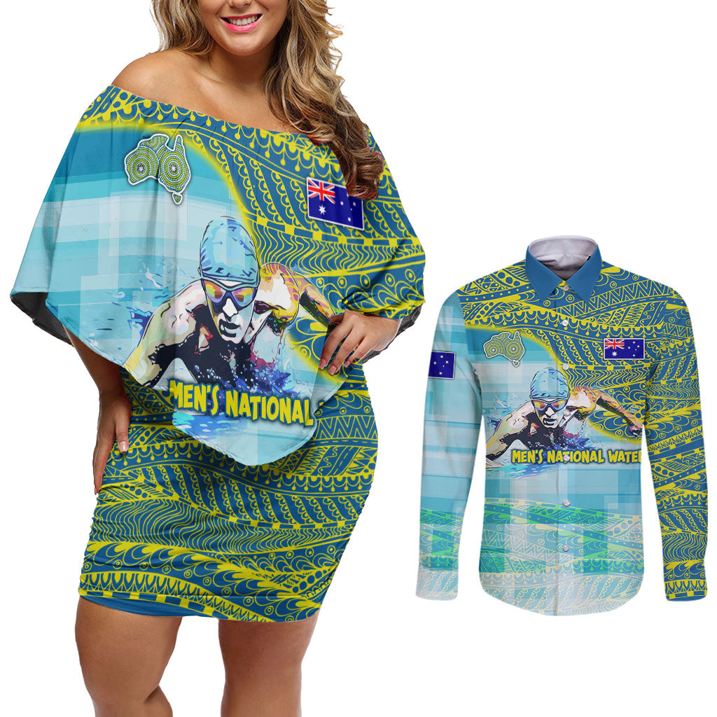 Australia Men National Water Polo Team Couples Matching Off Shoulder Short Dress and Long Sleeve Button Shirt Aboriginal Dot Art Style Patriotic Aquatic Sport