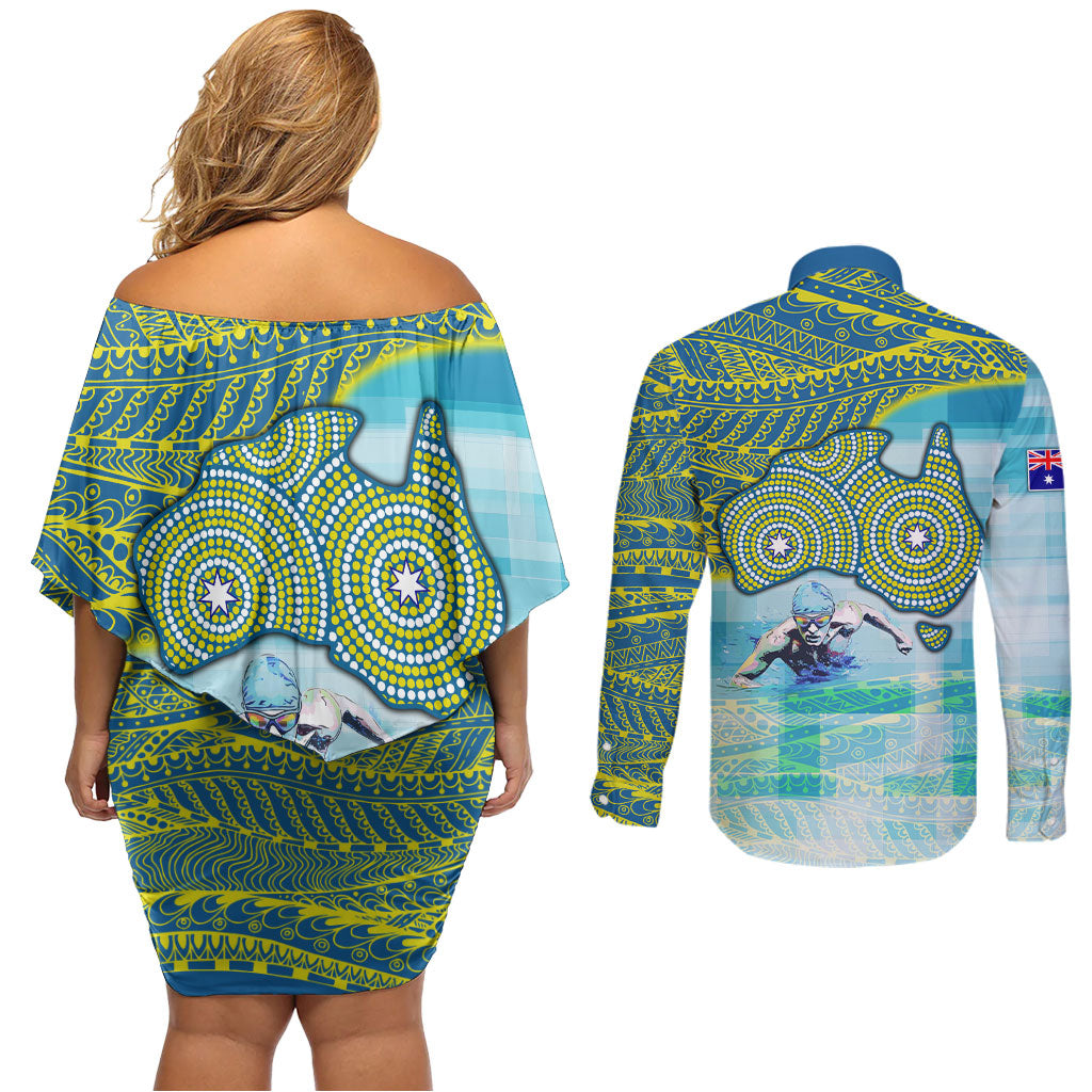 Australia Men National Water Polo Team Couples Matching Off Shoulder Short Dress and Long Sleeve Button Shirt Aboriginal Dot Art Style Patriotic Aquatic Sport