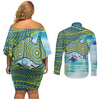 Australia Men National Water Polo Team Couples Matching Off Shoulder Short Dress and Long Sleeve Button Shirt Aboriginal Dot Art Style Patriotic Aquatic Sport