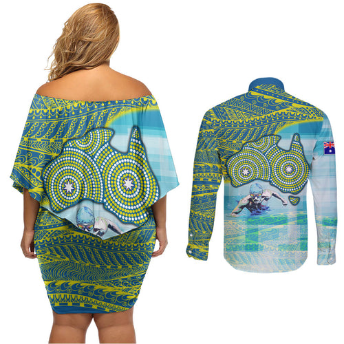 Australia Men National Water Polo Team Couples Matching Off Shoulder Short Dress and Long Sleeve Button Shirt Aboriginal Dot Art Style Patriotic Aquatic Sport