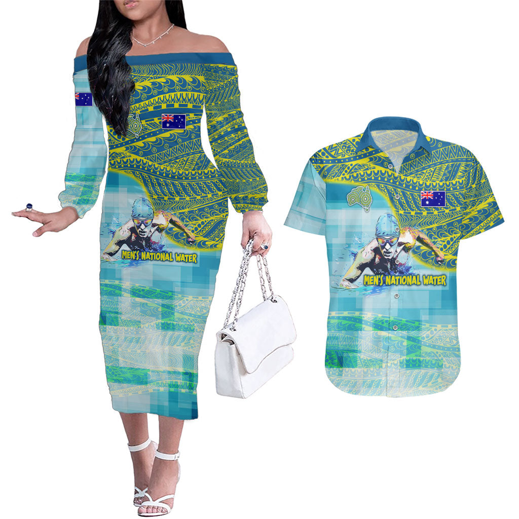 Australia Men National Water Polo Team Couples Matching Off The Shoulder Long Sleeve Dress and Hawaiian Shirt Aboriginal Dot Art Style Patriotic Aquatic Sport