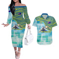 Australia Men National Water Polo Team Couples Matching Off The Shoulder Long Sleeve Dress and Hawaiian Shirt Aboriginal Dot Art Style Patriotic Aquatic Sport