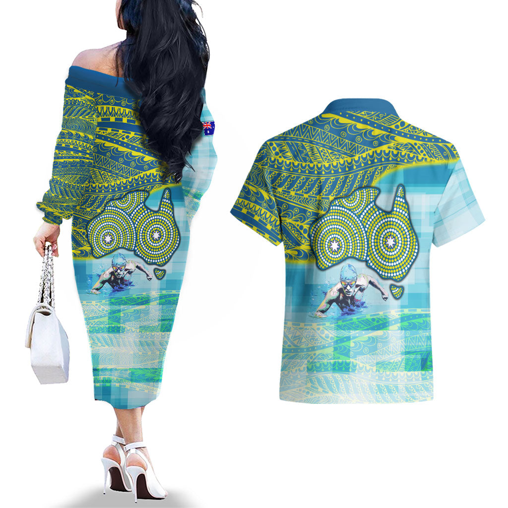 Australia Men National Water Polo Team Couples Matching Off The Shoulder Long Sleeve Dress and Hawaiian Shirt Aboriginal Dot Art Style Patriotic Aquatic Sport