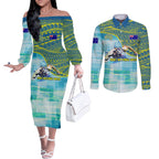 Australia Men National Water Polo Team Couples Matching Off The Shoulder Long Sleeve Dress and Long Sleeve Button Shirt Aboriginal Dot Art Style Patriotic Aquatic Sport