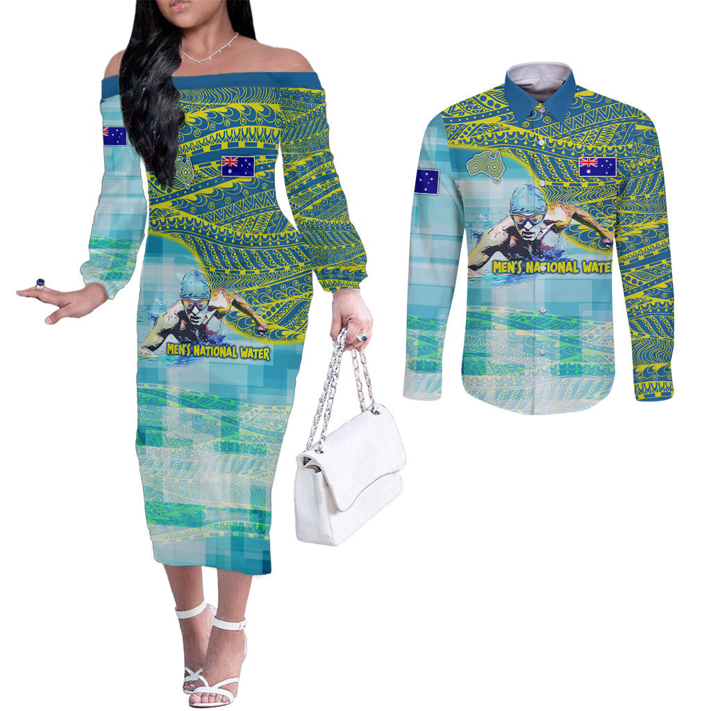 Australia Men National Water Polo Team Couples Matching Off The Shoulder Long Sleeve Dress and Long Sleeve Button Shirt Aboriginal Dot Art Style Patriotic Aquatic Sport