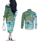 Australia Men National Water Polo Team Couples Matching Off The Shoulder Long Sleeve Dress and Long Sleeve Button Shirt Aboriginal Dot Art Style Patriotic Aquatic Sport