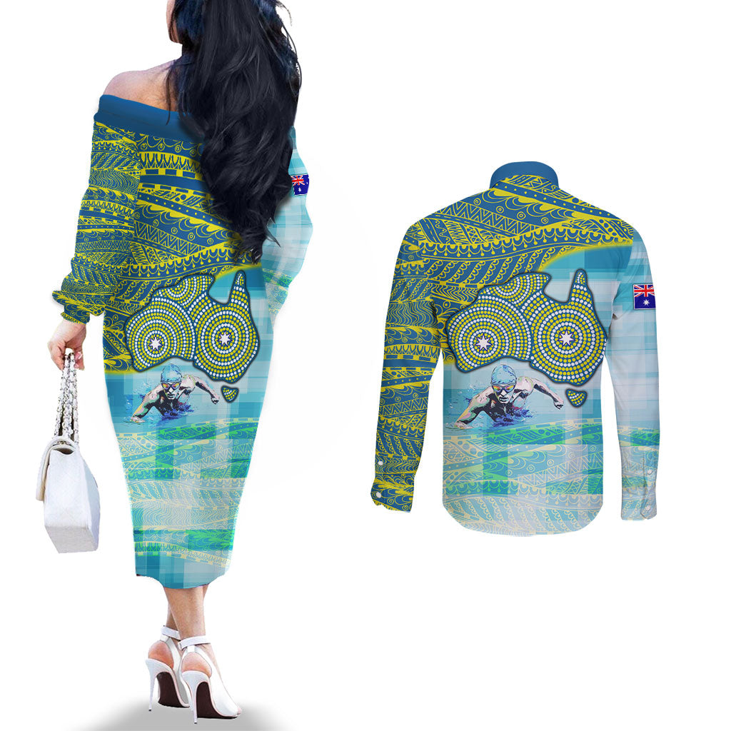 Australia Men National Water Polo Team Couples Matching Off The Shoulder Long Sleeve Dress and Long Sleeve Button Shirt Aboriginal Dot Art Style Patriotic Aquatic Sport