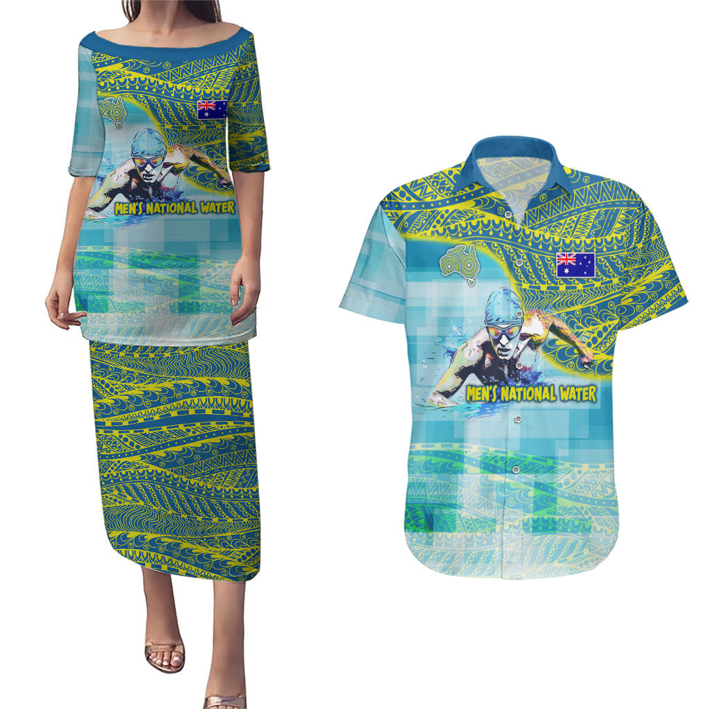 Australia Men National Water Polo Team Couples Matching Puletasi and Hawaiian Shirt Aboriginal Dot Art Style Patriotic Aquatic Sport