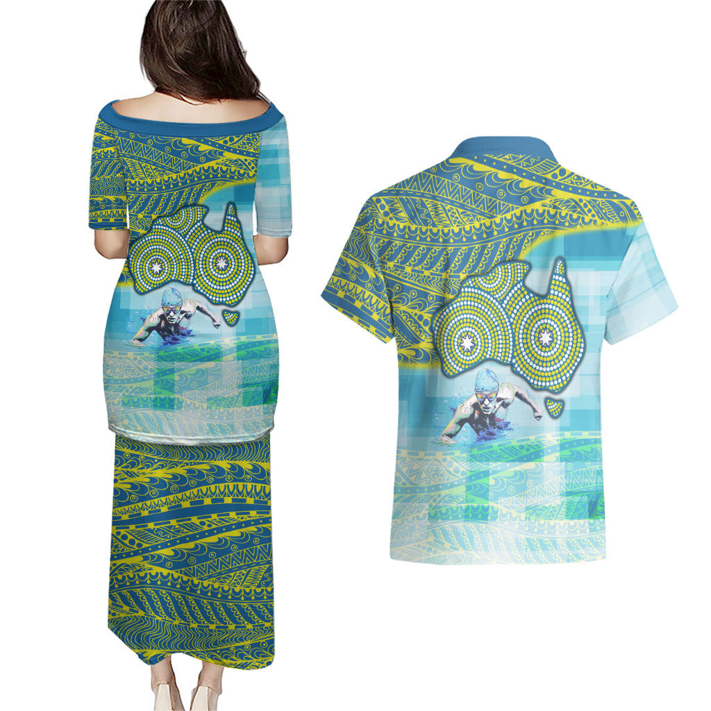 Australia Men National Water Polo Team Couples Matching Puletasi and Hawaiian Shirt Aboriginal Dot Art Style Patriotic Aquatic Sport