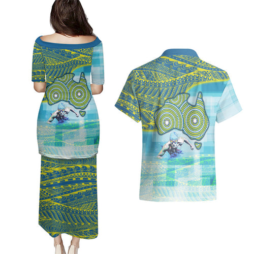 Australia Men National Water Polo Team Couples Matching Puletasi and Hawaiian Shirt Aboriginal Dot Art Style Patriotic Aquatic Sport