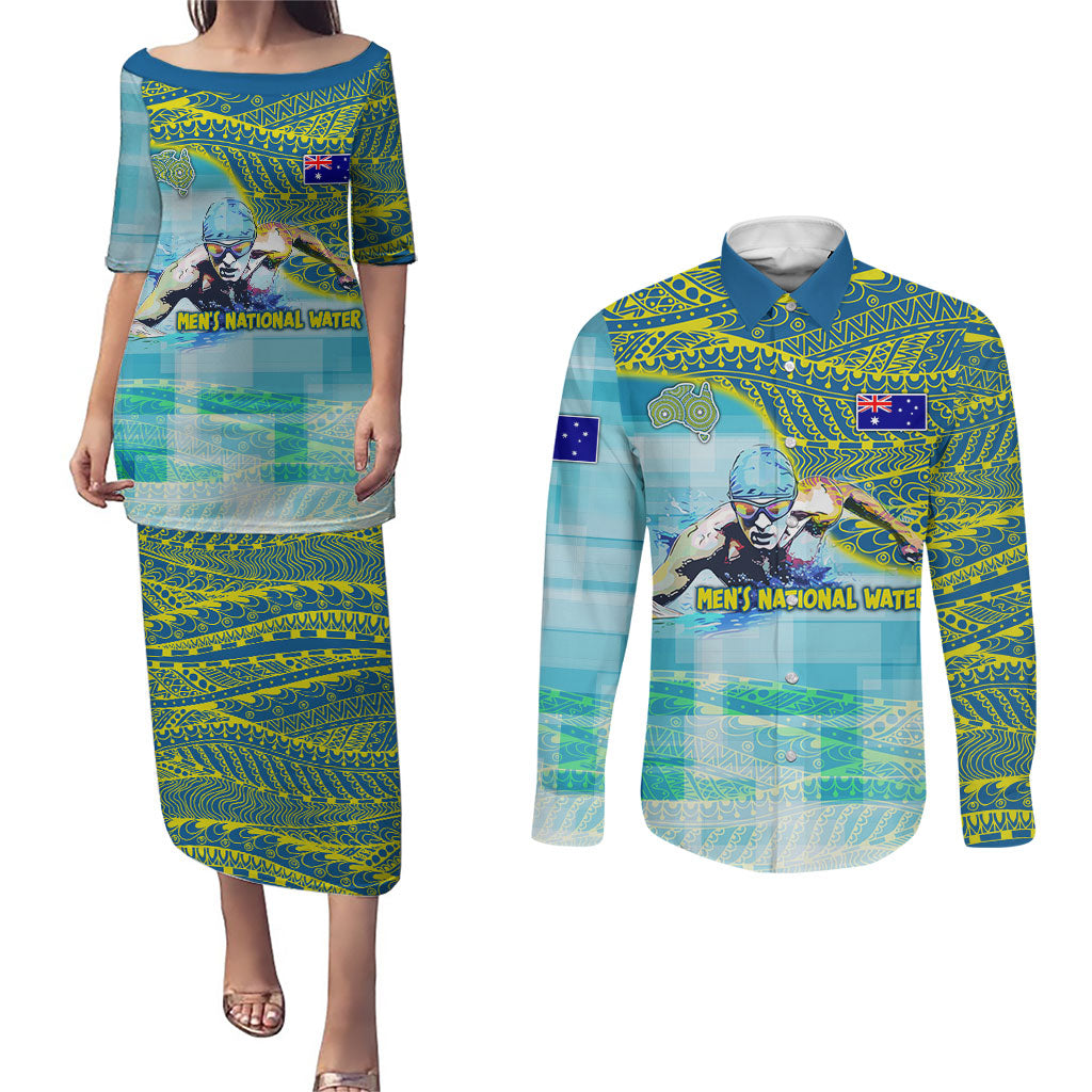 Australia Men National Water Polo Team Couples Matching Puletasi and Long Sleeve Button Shirt Aboriginal Dot Art Style Patriotic Aquatic Sport