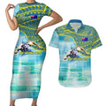 Australia Men National Water Polo Team Couples Matching Short Sleeve Bodycon Dress and Hawaiian Shirt Aboriginal Dot Art Style Patriotic Aquatic Sport