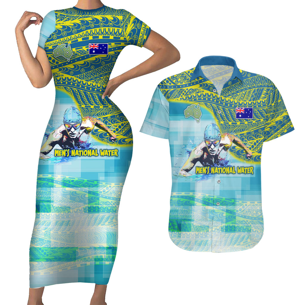 Australia Men National Water Polo Team Couples Matching Short Sleeve Bodycon Dress and Hawaiian Shirt Aboriginal Dot Art Style Patriotic Aquatic Sport
