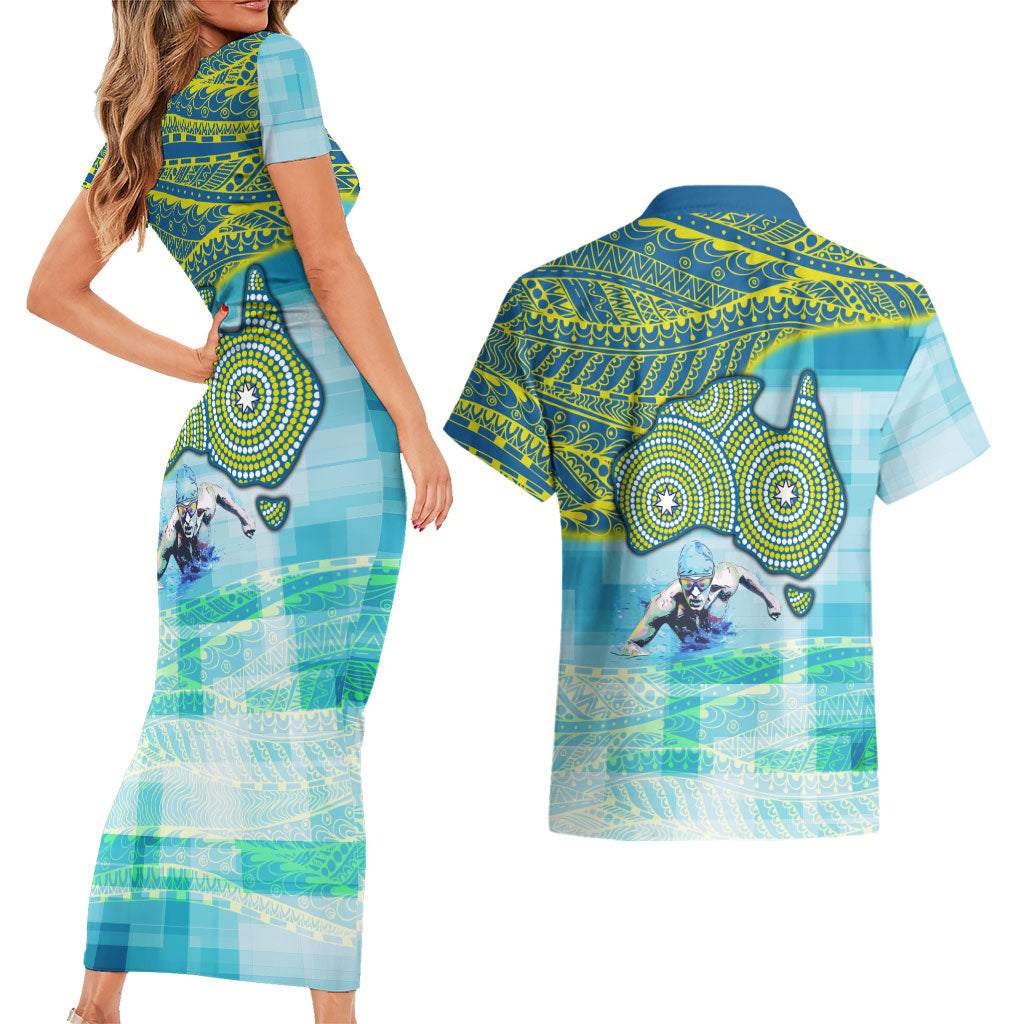 Australia Men National Water Polo Team Couples Matching Short Sleeve Bodycon Dress and Hawaiian Shirt Aboriginal Dot Art Style Patriotic Aquatic Sport
