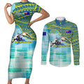 Australia Men National Water Polo Team Couples Matching Short Sleeve Bodycon Dress and Long Sleeve Button Shirt Aboriginal Dot Art Style Patriotic Aquatic Sport