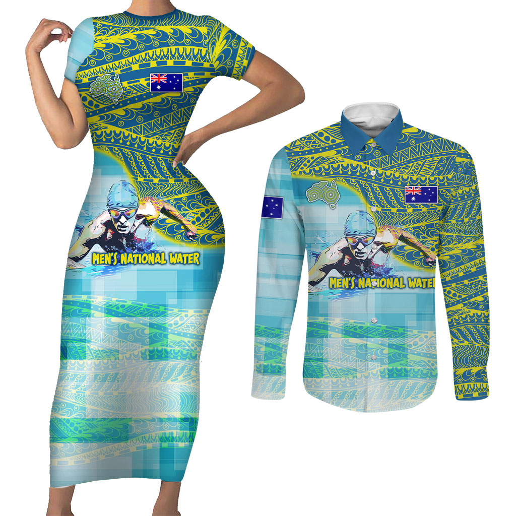 Australia Men National Water Polo Team Couples Matching Short Sleeve Bodycon Dress and Long Sleeve Button Shirt Aboriginal Dot Art Style Patriotic Aquatic Sport