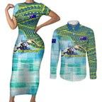Australia Men National Water Polo Team Couples Matching Short Sleeve Bodycon Dress and Long Sleeve Button Shirt Aboriginal Dot Art Style Patriotic Aquatic Sport