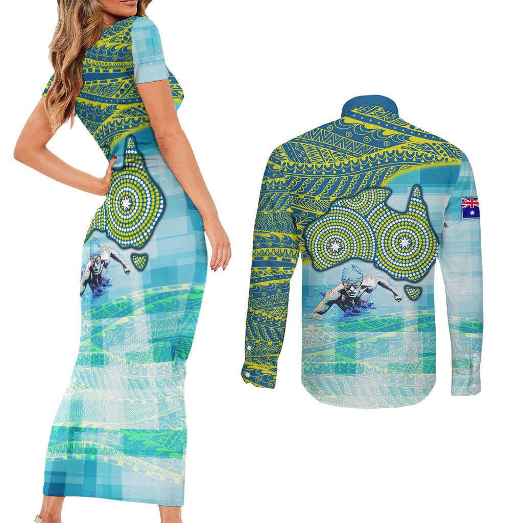 Australia Men National Water Polo Team Couples Matching Short Sleeve Bodycon Dress and Long Sleeve Button Shirt Aboriginal Dot Art Style Patriotic Aquatic Sport