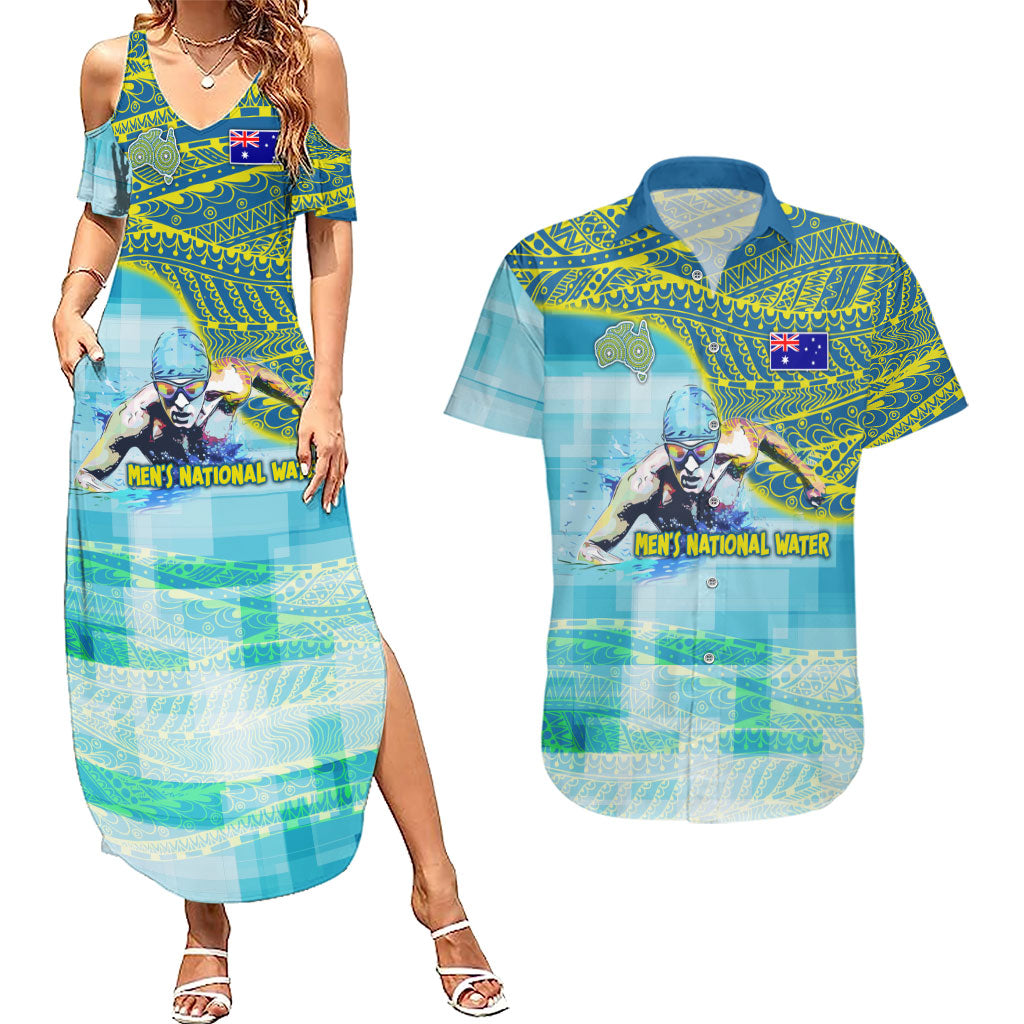 Australia Men National Water Polo Team Couples Matching Summer Maxi Dress and Hawaiian Shirt Aboriginal Dot Art Style Patriotic Aquatic Sport