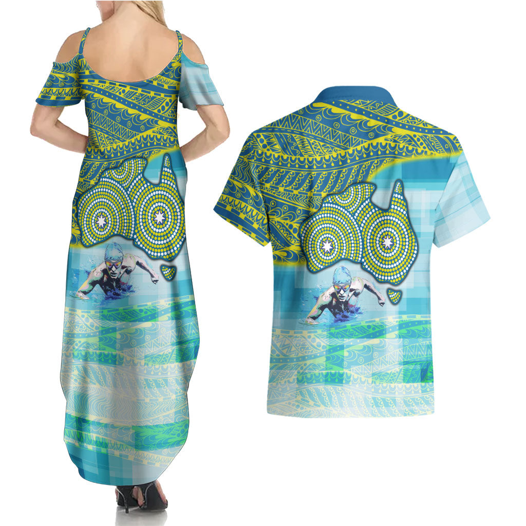 Australia Men National Water Polo Team Couples Matching Summer Maxi Dress and Hawaiian Shirt Aboriginal Dot Art Style Patriotic Aquatic Sport