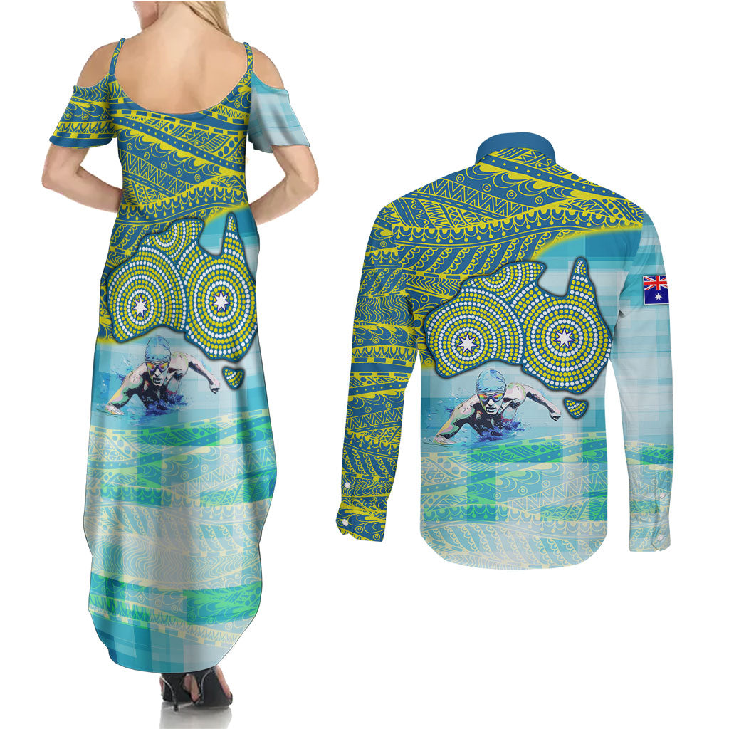 Australia Men National Water Polo Team Couples Matching Summer Maxi Dress and Long Sleeve Button Shirt Aboriginal Dot Art Style Patriotic Aquatic Sport