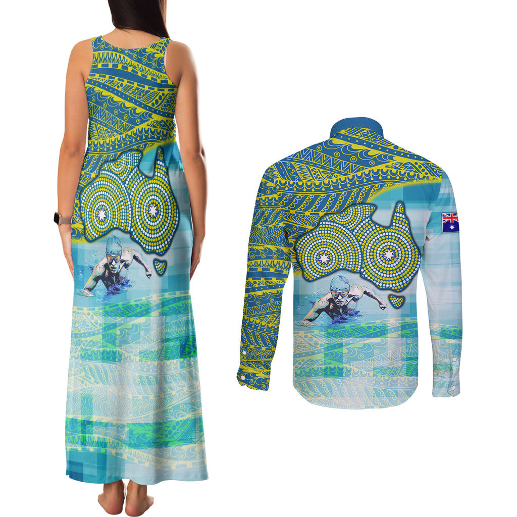 Australia Men National Water Polo Team Couples Matching Tank Maxi Dress and Long Sleeve Button Shirt Aboriginal Dot Art Style Patriotic Aquatic Sport