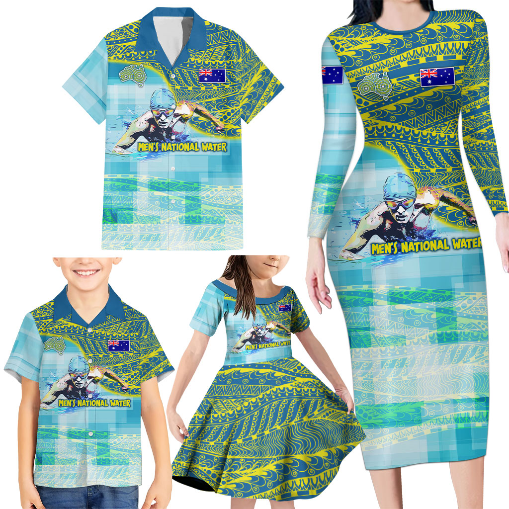 Australia Men National Water Polo Team Family Matching Long Sleeve Bodycon Dress and Hawaiian Shirt Aboriginal Dot Art Style Patriotic Aquatic Sport