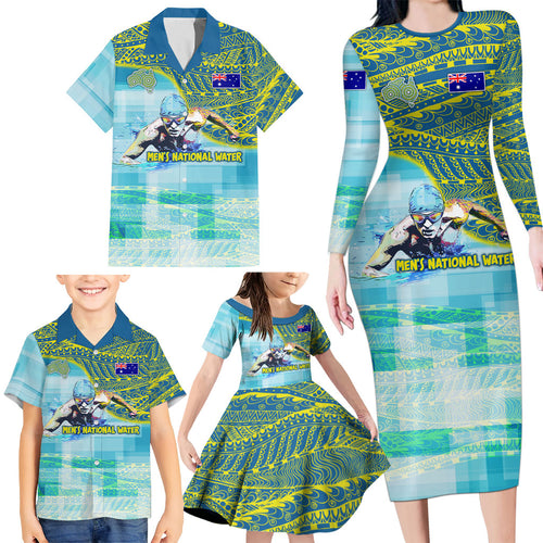 Australia Men National Water Polo Team Family Matching Long Sleeve Bodycon Dress and Hawaiian Shirt Aboriginal Dot Art Style Patriotic Aquatic Sport