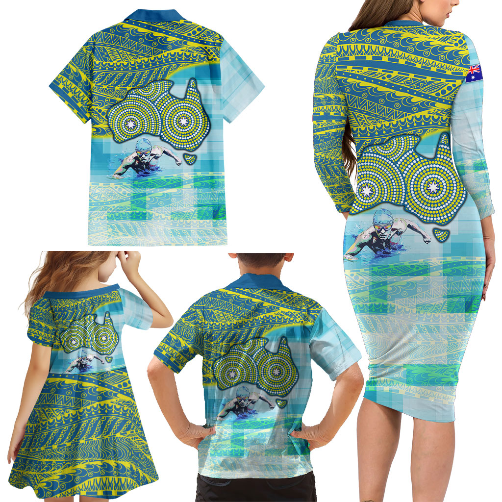 Australia Men National Water Polo Team Family Matching Long Sleeve Bodycon Dress and Hawaiian Shirt Aboriginal Dot Art Style Patriotic Aquatic Sport