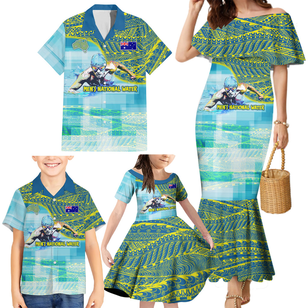 Australia Men National Water Polo Team Family Matching Mermaid Dress and Hawaiian Shirt Aboriginal Dot Art Style Patriotic Aquatic Sport