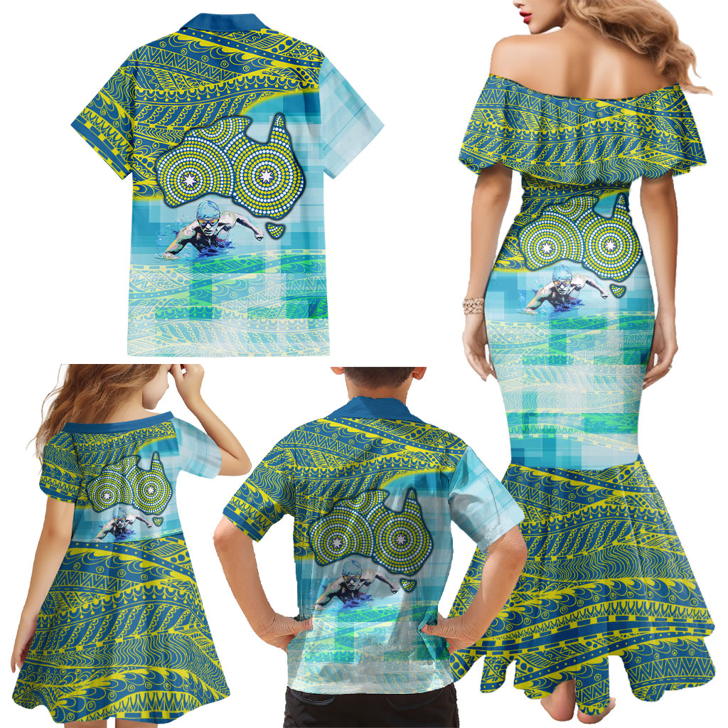 Australia Men National Water Polo Team Family Matching Mermaid Dress and Hawaiian Shirt Aboriginal Dot Art Style Patriotic Aquatic Sport