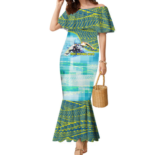 Australia Men National Water Polo Team Family Matching Mermaid Dress and Hawaiian Shirt Aboriginal Dot Art Style Patriotic Aquatic Sport
