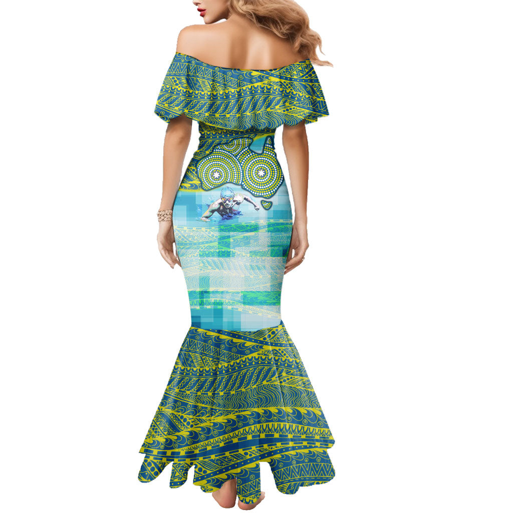 Australia Men National Water Polo Team Family Matching Mermaid Dress and Hawaiian Shirt Aboriginal Dot Art Style Patriotic Aquatic Sport