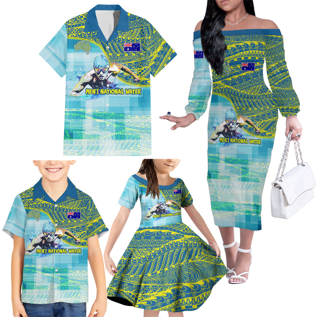 Australia Men National Water Polo Team Family Matching Off The Shoulder Long Sleeve Dress and Hawaiian Shirt Aboriginal Dot Art Style Patriotic Aquatic Sport