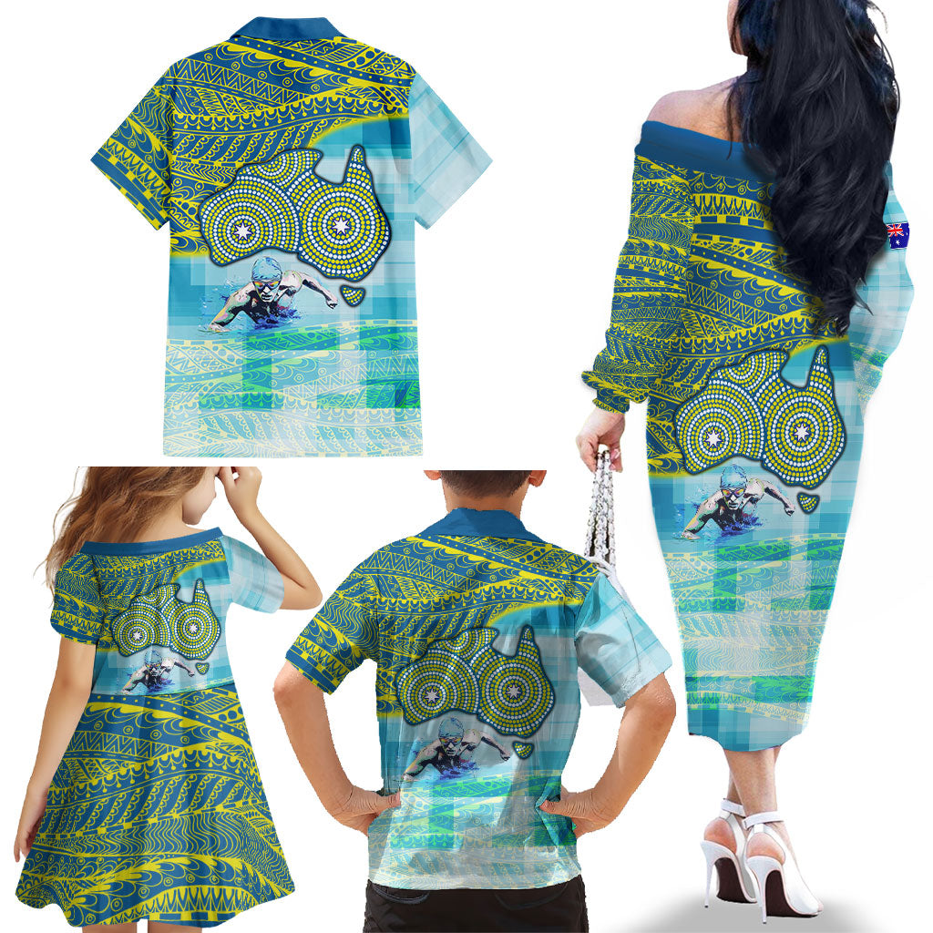 Australia Men National Water Polo Team Family Matching Off The Shoulder Long Sleeve Dress and Hawaiian Shirt Aboriginal Dot Art Style Patriotic Aquatic Sport