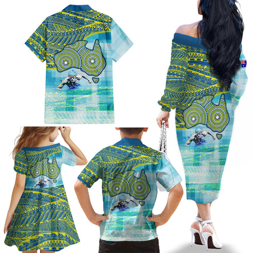 Australia Men National Water Polo Team Family Matching Off The Shoulder Long Sleeve Dress and Hawaiian Shirt Aboriginal Dot Art Style Patriotic Aquatic Sport