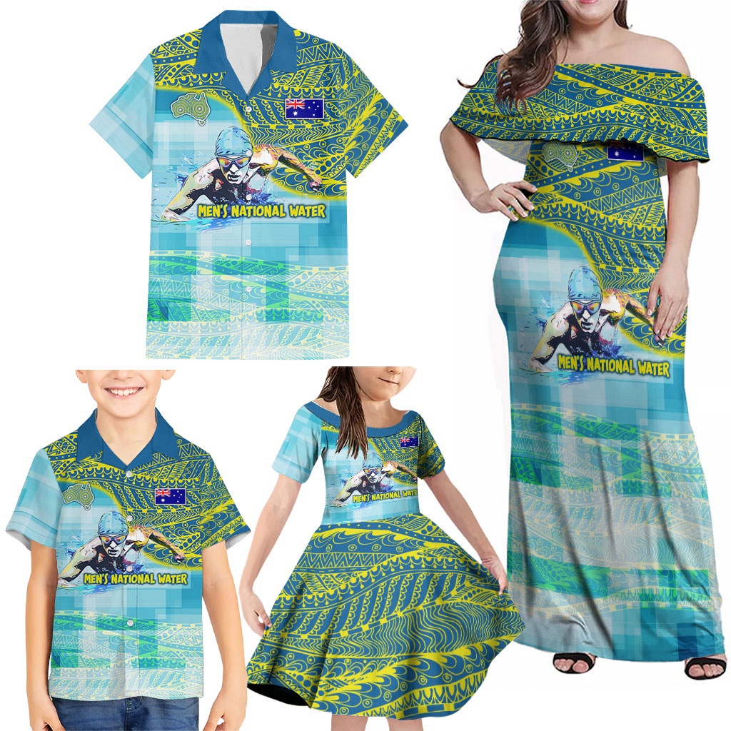 Australia Men National Water Polo Team Family Matching Off Shoulder Maxi Dress and Hawaiian Shirt Aboriginal Dot Art Style Patriotic Aquatic Sport