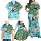 Australia Men National Water Polo Team Family Matching Off Shoulder Maxi Dress and Hawaiian Shirt Aboriginal Dot Art Style Patriotic Aquatic Sport