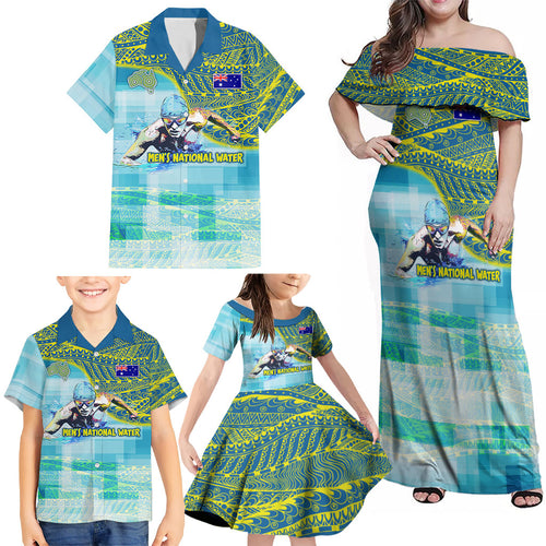 Australia Men National Water Polo Team Family Matching Off Shoulder Maxi Dress and Hawaiian Shirt Aboriginal Dot Art Style Patriotic Aquatic Sport