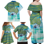 Australia Men National Water Polo Team Family Matching Off Shoulder Maxi Dress and Hawaiian Shirt Aboriginal Dot Art Style Patriotic Aquatic Sport