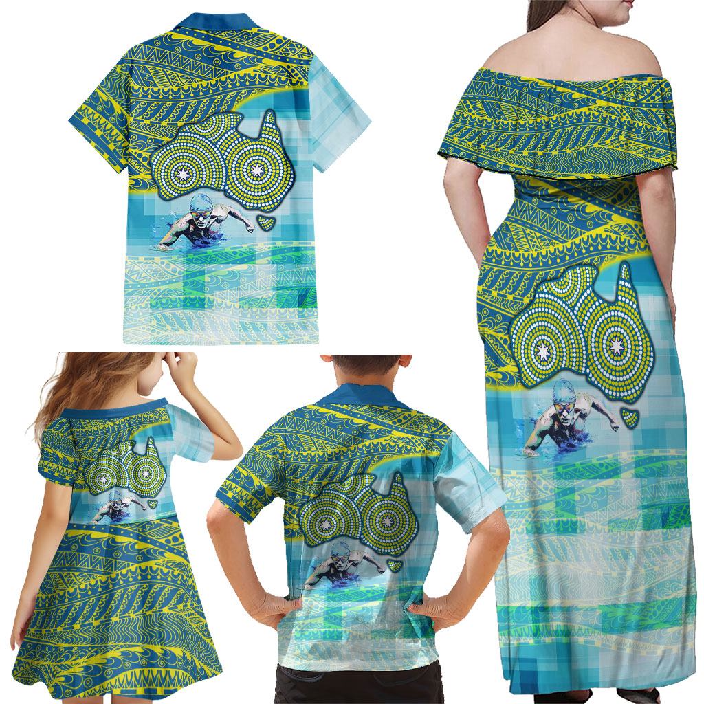 Australia Men National Water Polo Team Family Matching Off Shoulder Maxi Dress and Hawaiian Shirt Aboriginal Dot Art Style Patriotic Aquatic Sport