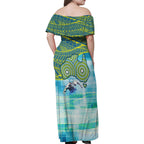 Australia Men National Water Polo Team Family Matching Off Shoulder Maxi Dress and Hawaiian Shirt Aboriginal Dot Art Style Patriotic Aquatic Sport