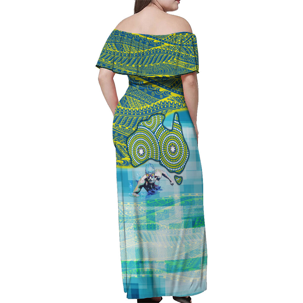 Australia Men National Water Polo Team Family Matching Off Shoulder Maxi Dress and Hawaiian Shirt Aboriginal Dot Art Style Patriotic Aquatic Sport