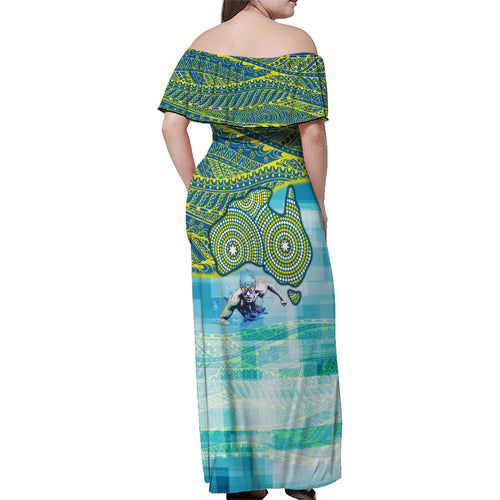 Australia Men National Water Polo Team Family Matching Off Shoulder Maxi Dress and Hawaiian Shirt Aboriginal Dot Art Style Patriotic Aquatic Sport